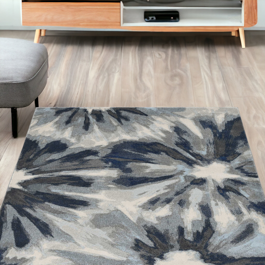 5' X 8' Ivory And Blue Botanical Leaves Area Rug-375520-1