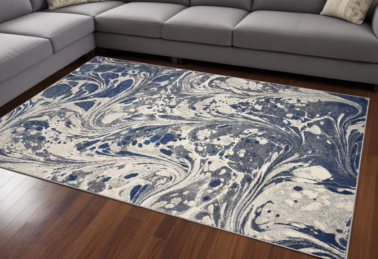 7' X 9' Ivory Blue And Gray Abstract Area Rug-375588-1