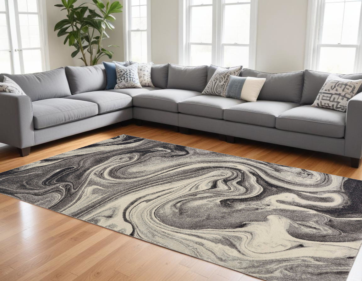 8' X 10' Ivory Black and Gray Abstract Shag Area Rug-375613-1