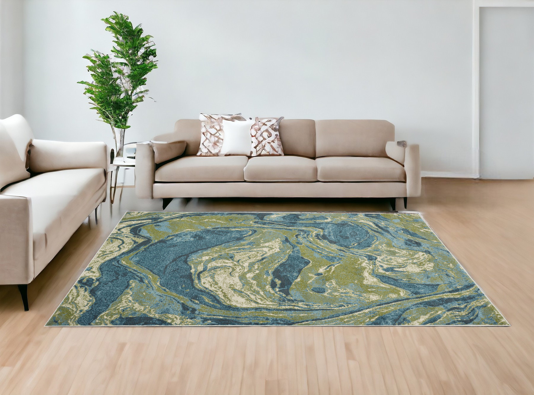 7'X10' Teal Blue Machine Woven Marble Indoor Area Rug-375616-1