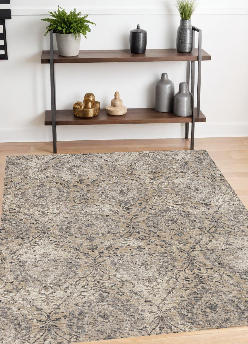 4' X 6' Sand And Gray Damask Area Rug-375631-1