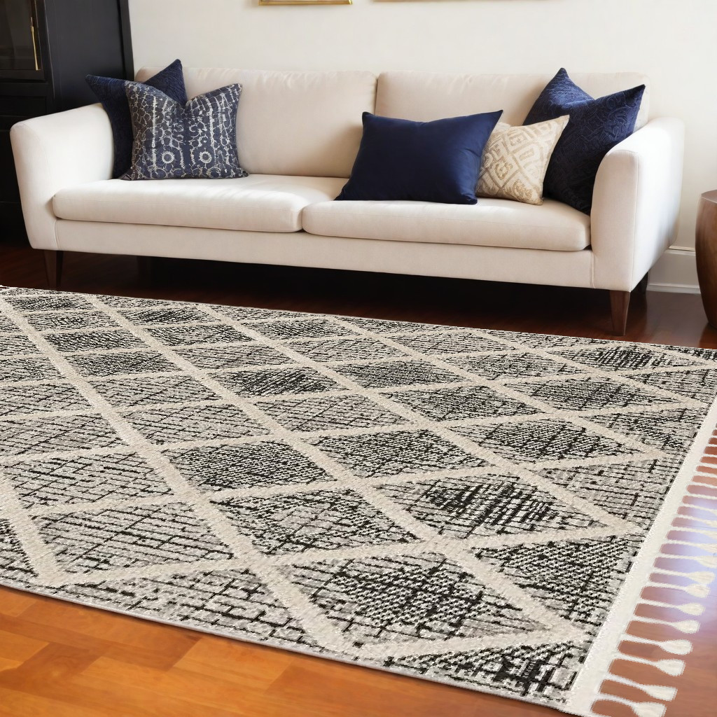 8' X 11' Cream And Charcoal Geometric Area Rug-375668-1