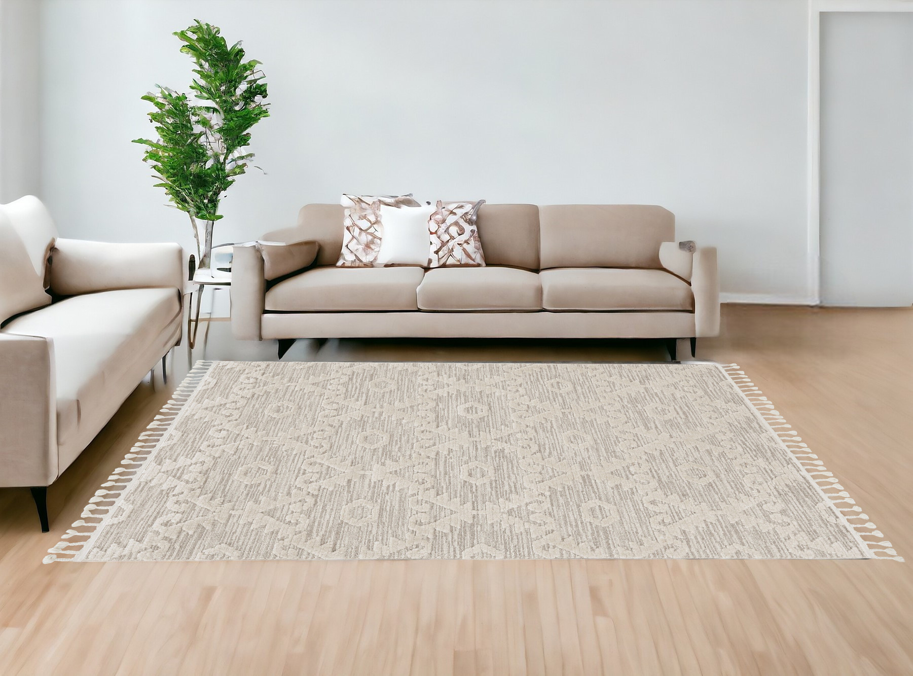 9" X 13" Beige and Ivory Geometric Area Rug