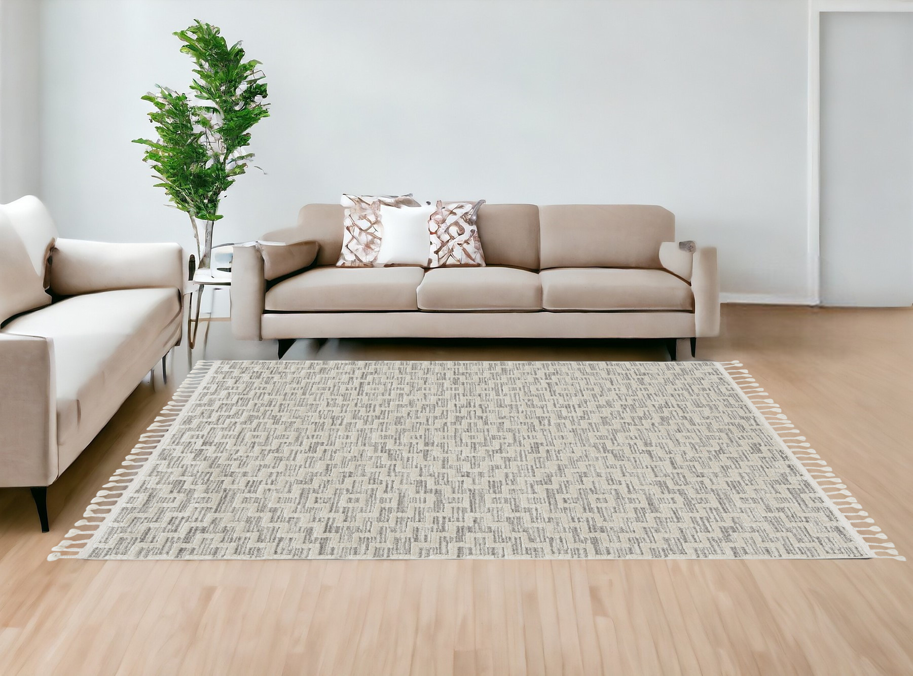 12'X15' Ivory Grey Machine Woven Diamond Pattern With Fringe Indoor Area Rug-375682-1