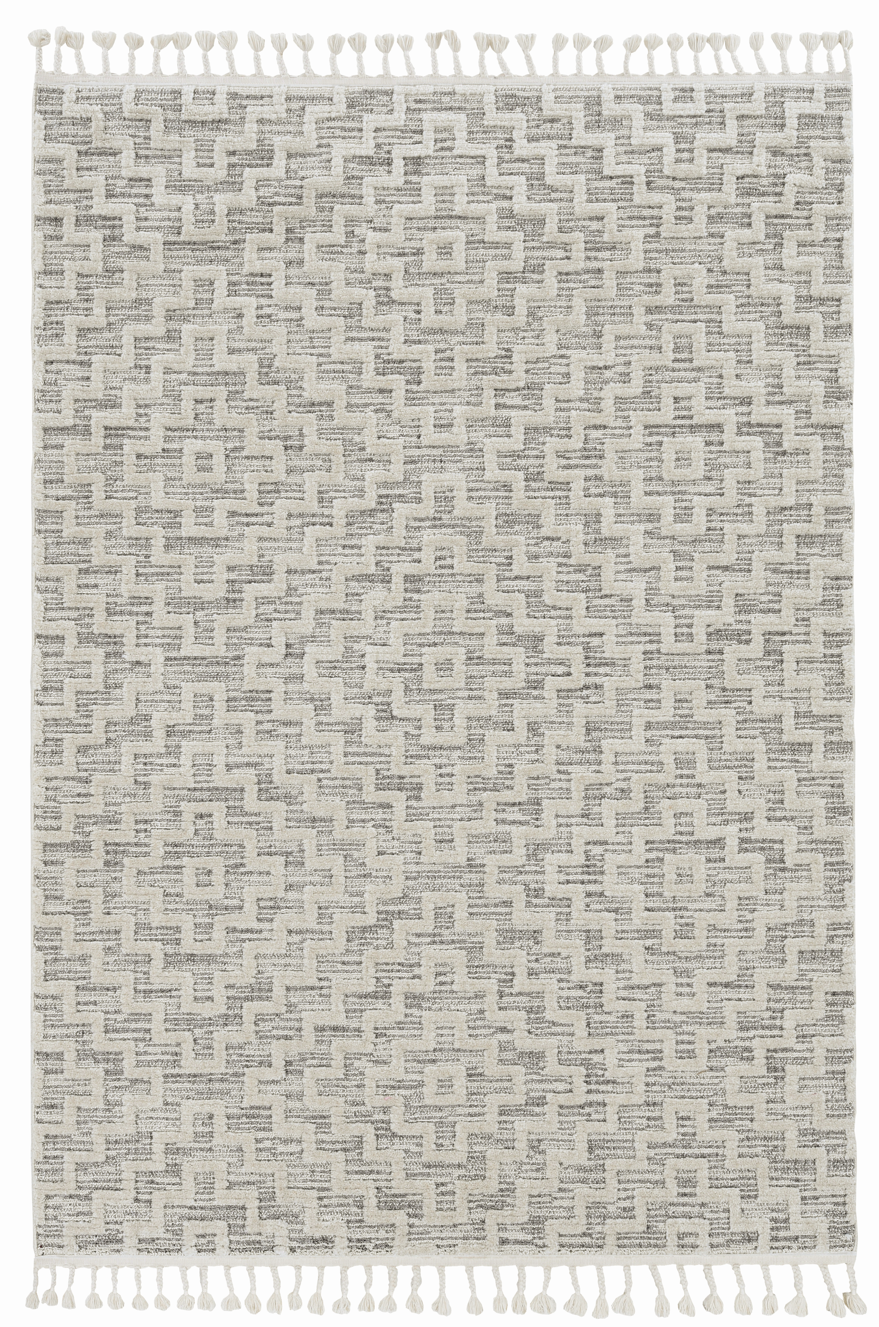 3' X 5' Ivory Grey Zigzag Diamonds Area Rug With Fringe-375684-1