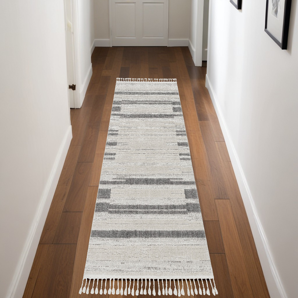 8' Gray And Ivory Abstract Runner Rug-375689-1