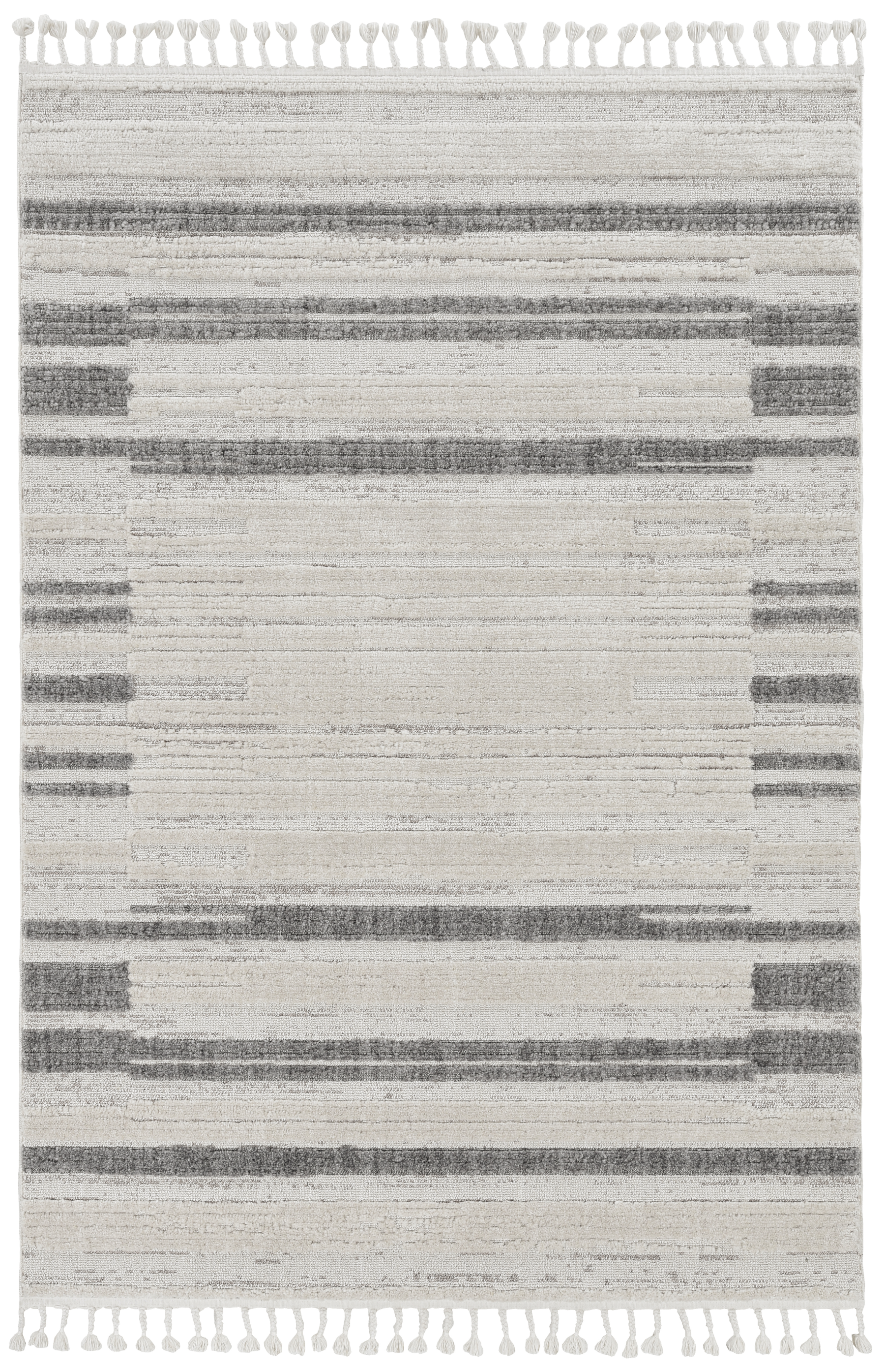5' X 8' Ivory Or Grey Abstract Brushstrokes Indoor Area Rug With Fringe-375691-1