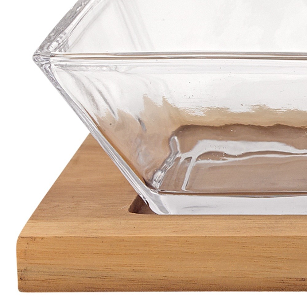 4" Mouth Blown Crystal Hostess Set - 4 pc With 3 Glass Condiment or Dip Bowls on a Wood Tray