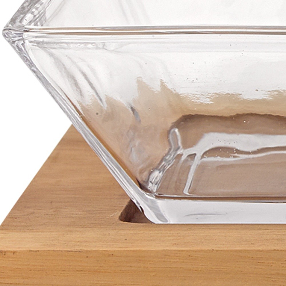 4" Mouth Blown Crystal Hostess Set - 4 pc With 3 Glass Condiment or Dip Bowls on a Wood Tray