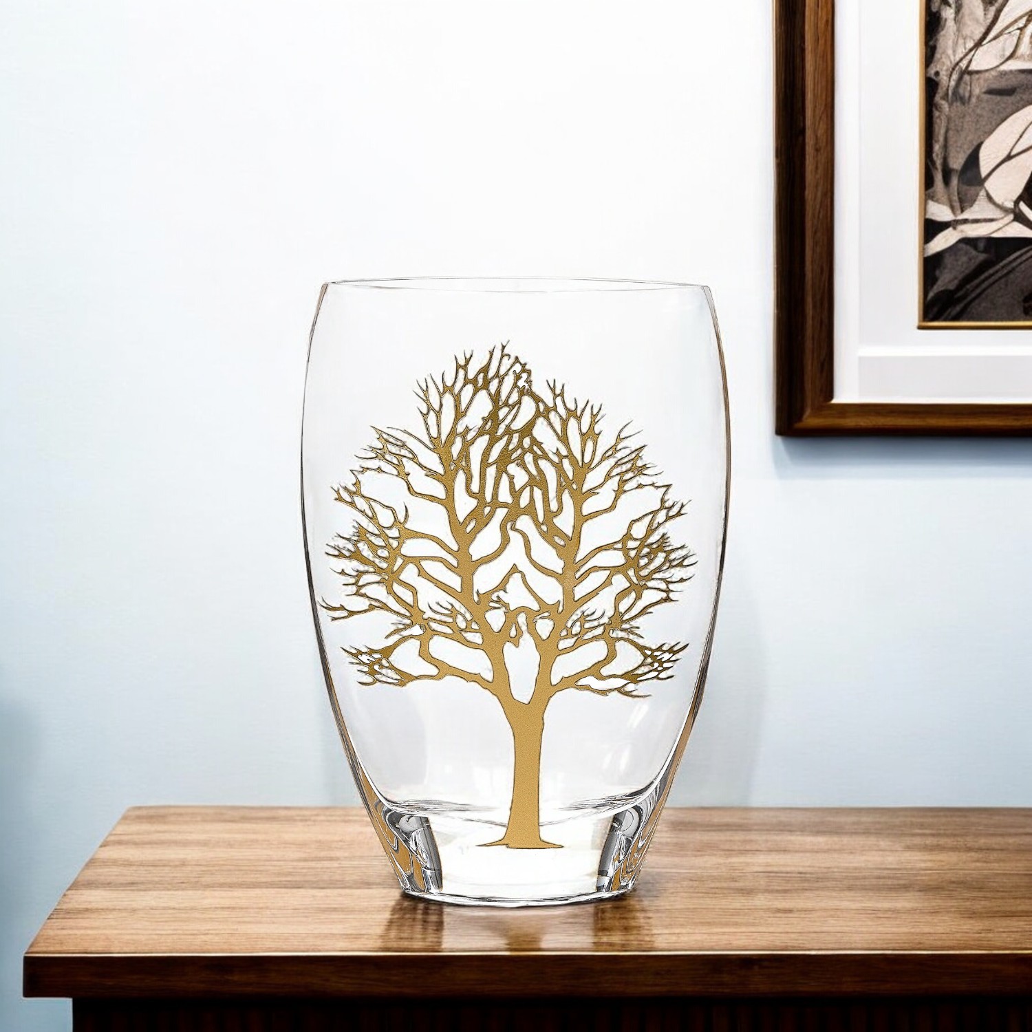 12" Clear And Gold Tree Of Life Oval Lead Free Crystal Table Vase-375737-1