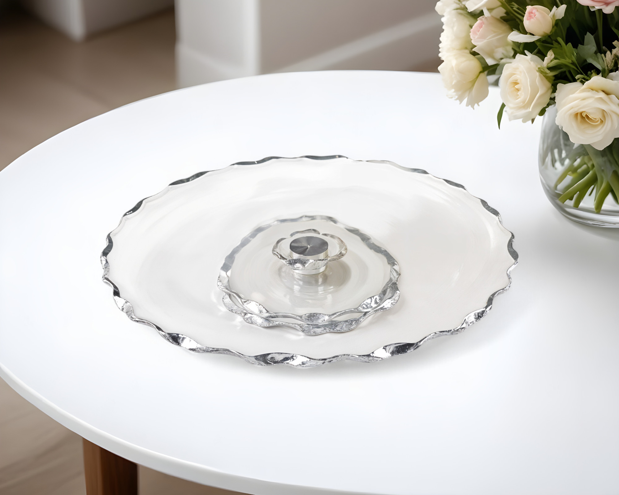 13" Clear And Silver Round Glass Hand Finished Lazy Susan-375757-1