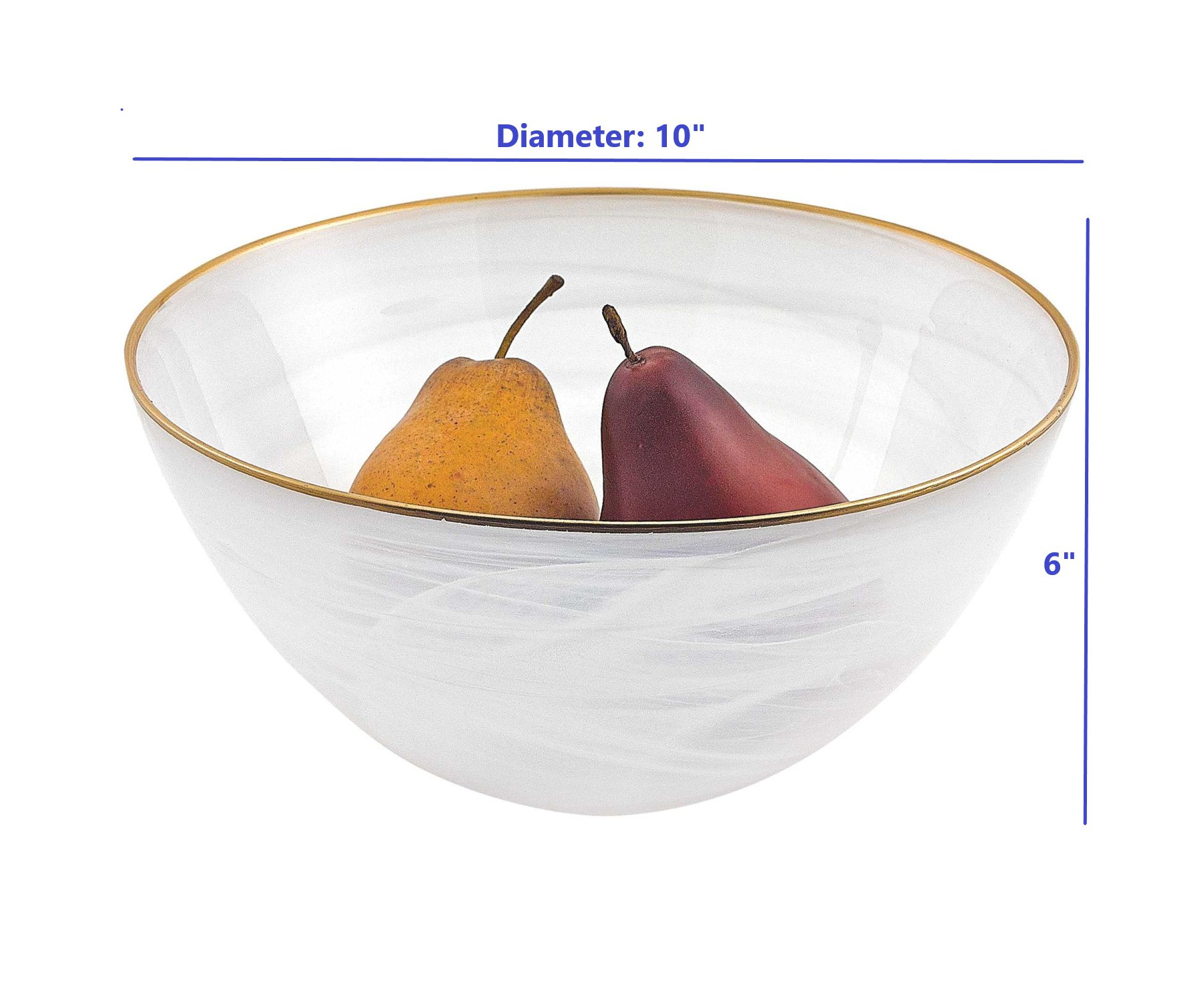10" Hand Crafted White Gold Glass Fruit or Salad Bowl With Gold Rim