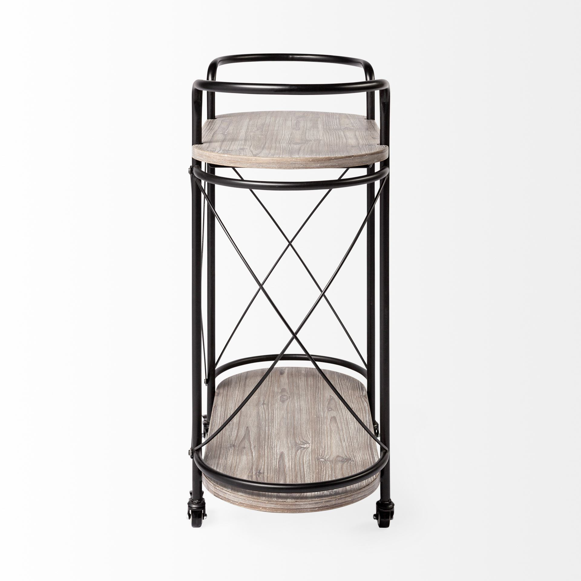 Cyclider Black Metal With Two Wooden Shelves Bar Cart