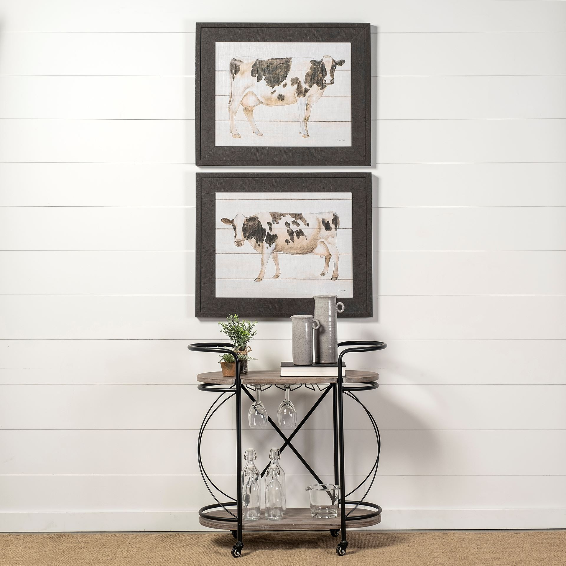 Cyclider Black Metal With Two Wooden Shelves Bar Cart