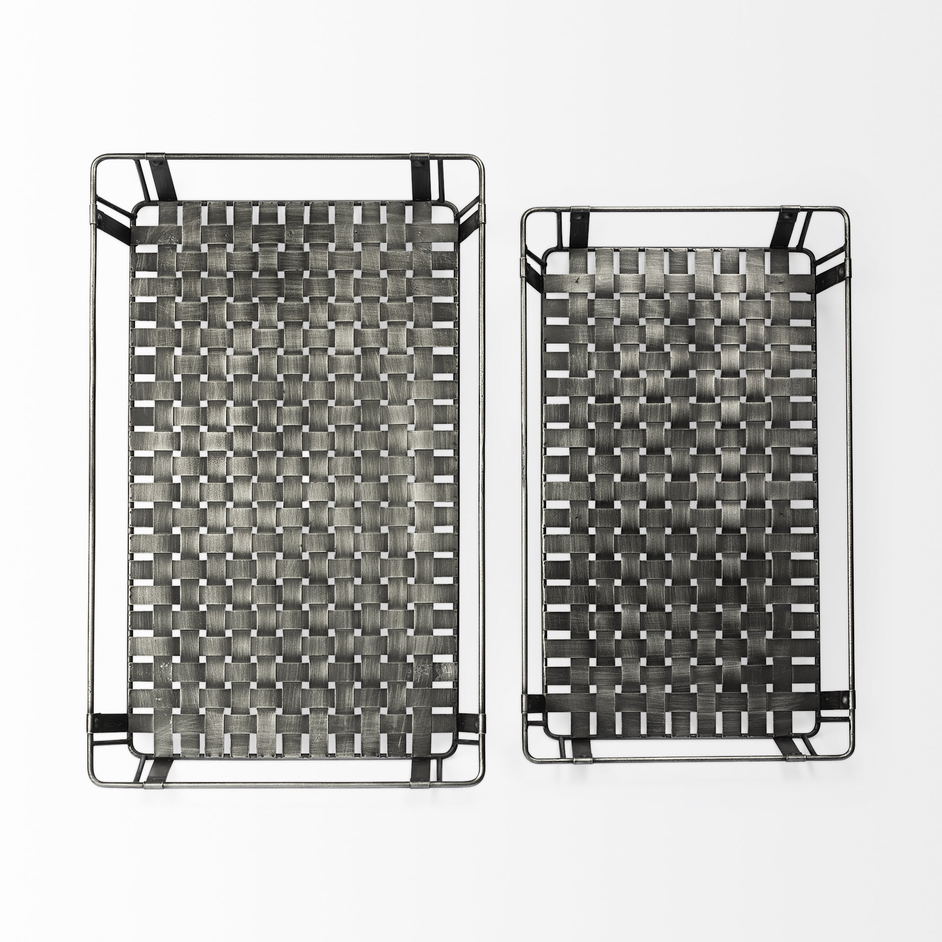 Set of 2 Grey Metal Accent Trays With Woven Bottom And Open Sides