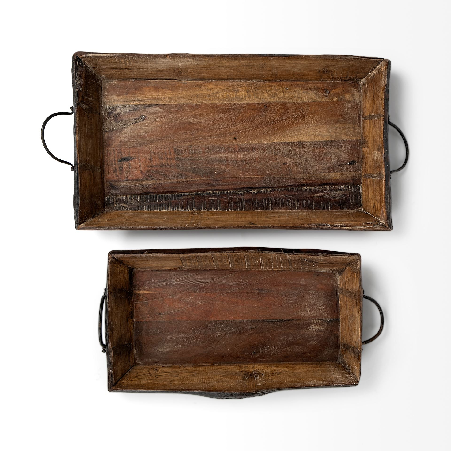 S/2 Medium Brown Recycled Wood With Flaunt Metal Handles Trays