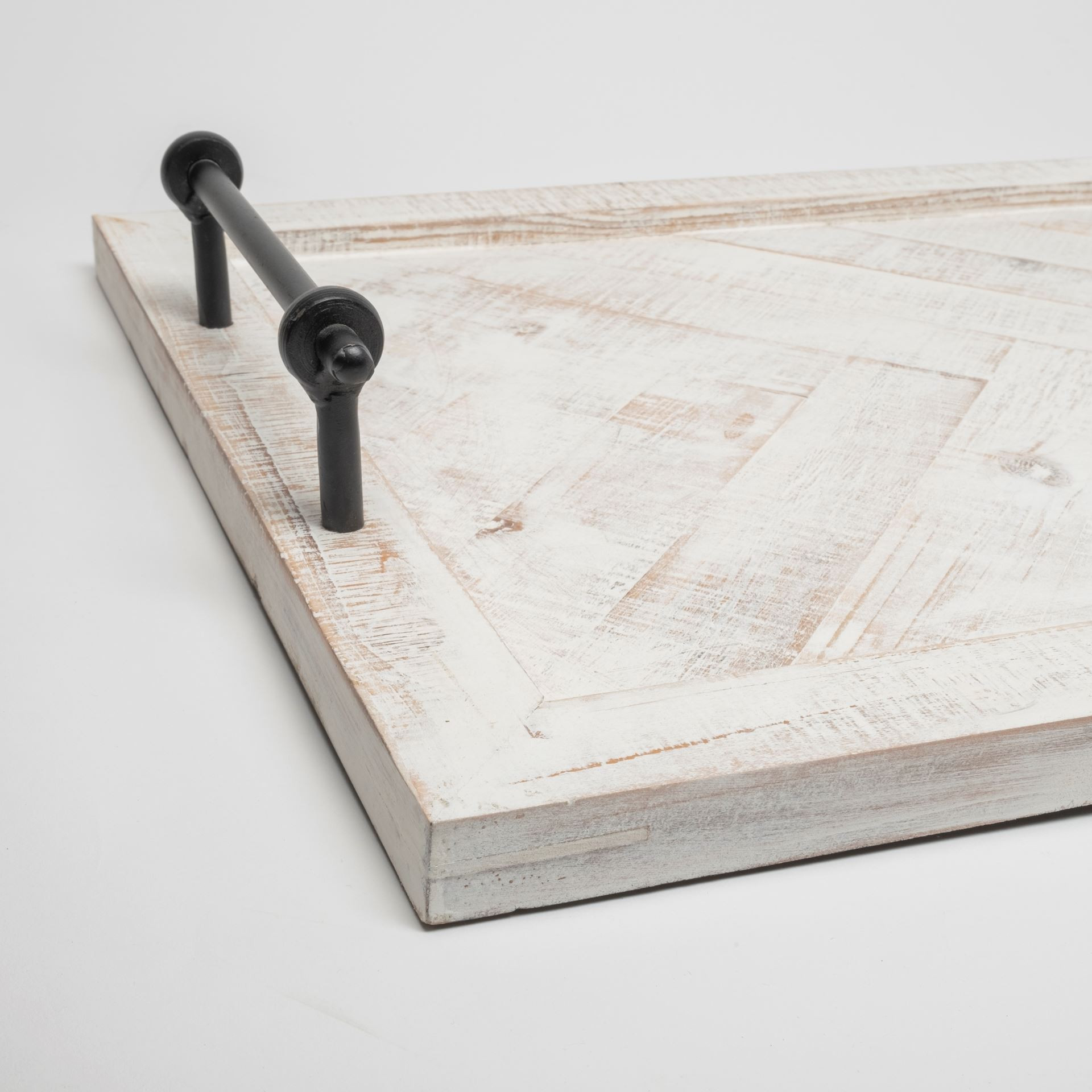 Whitewashed Tone Wood With Herringbone Pattern With Metal Raised Edges Tray