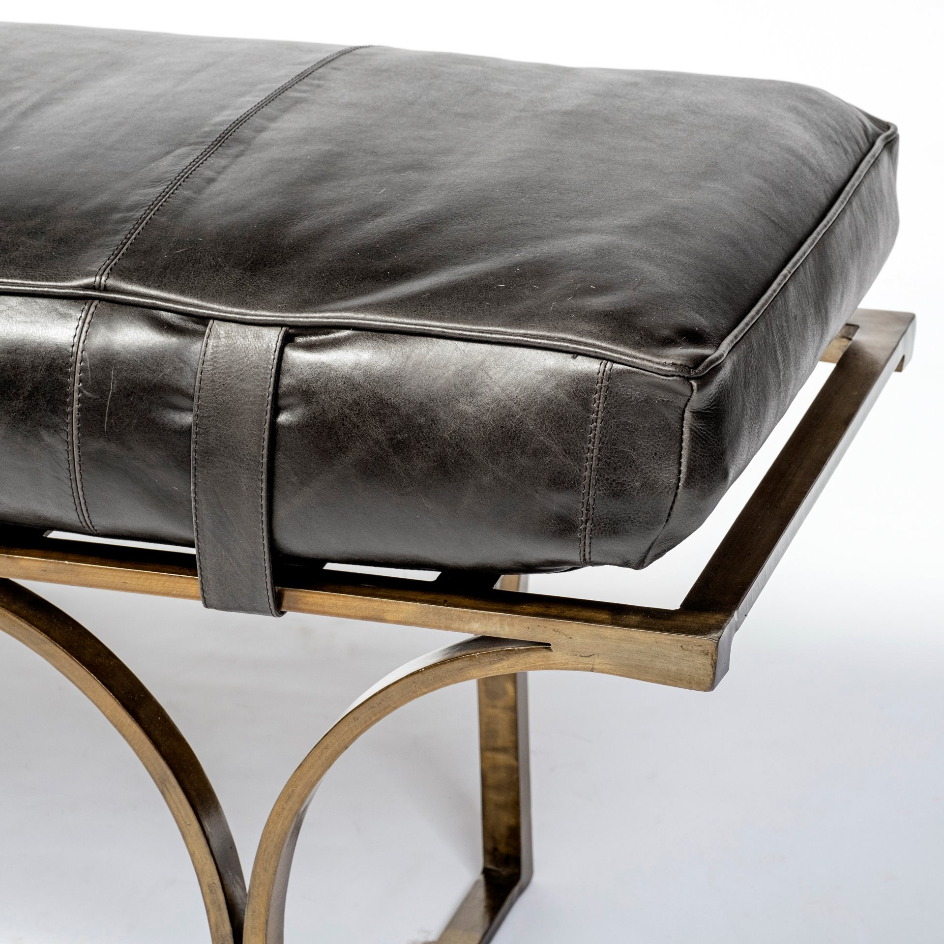 Rectangular Metal/Antiqued-Gold Black Genuine Leather Seat Accent Bench