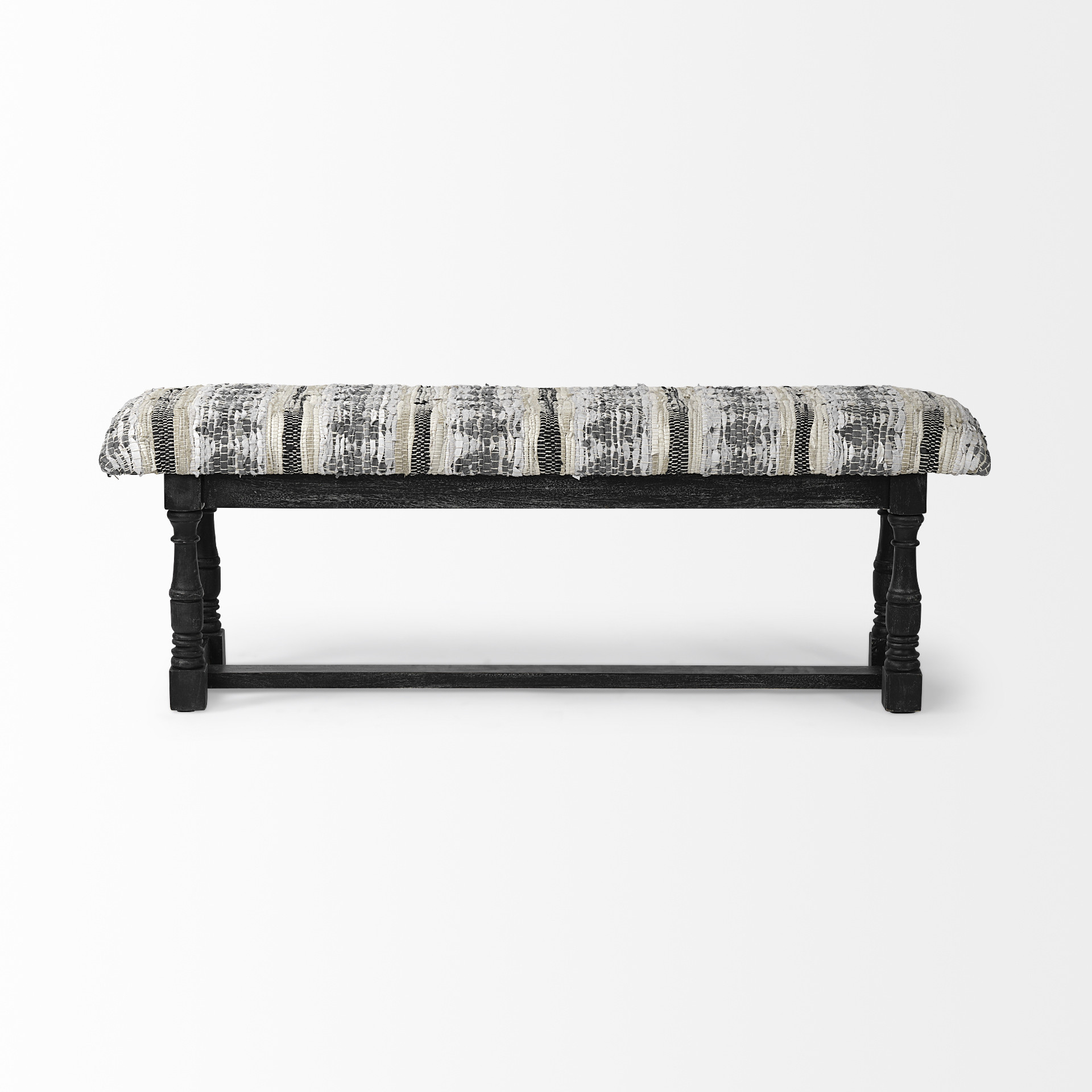 Rectangular Indian Mango Wood/Black W/ Woven-Leather Cushion Top Accent Bench