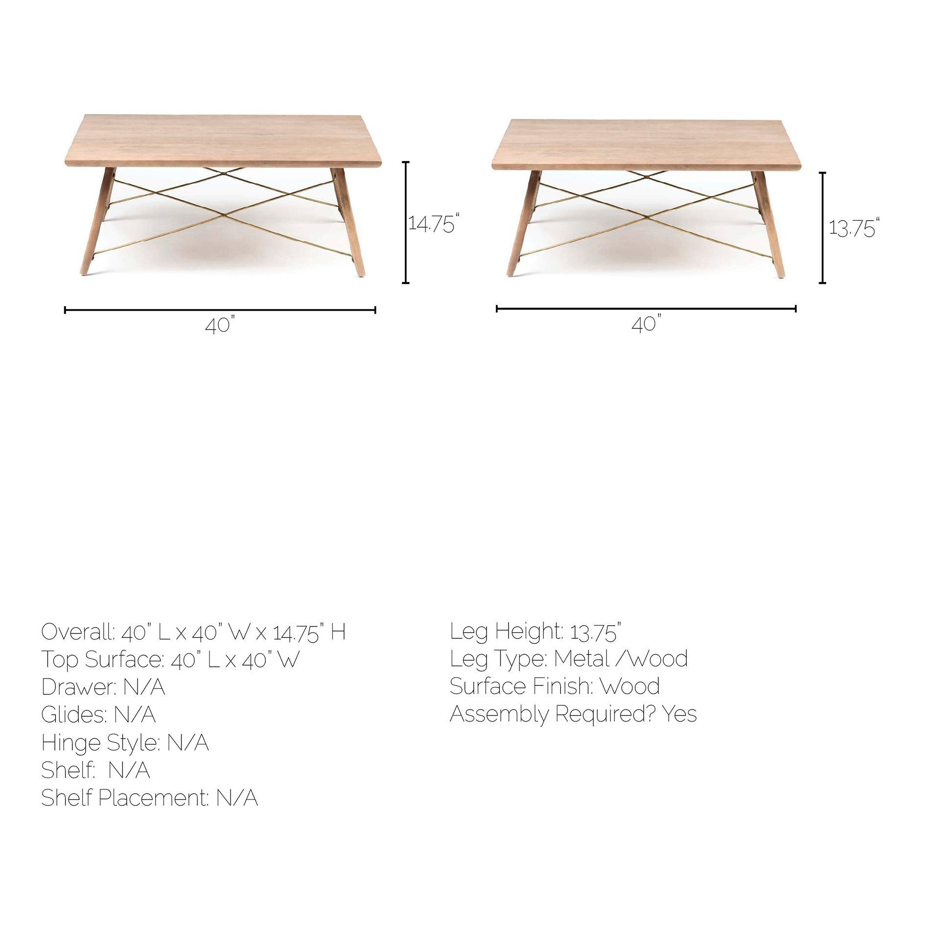 Square Solid Wood Top & Legs Coffee Table w/Metal Bracing