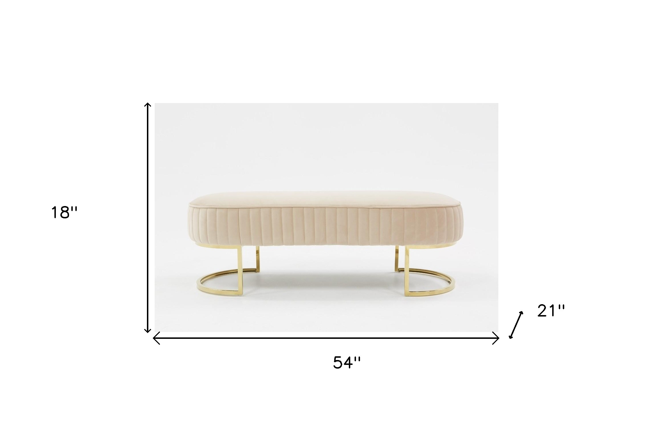 Oval Modern Beige Velvet Bench with Gold Crescent shaped base