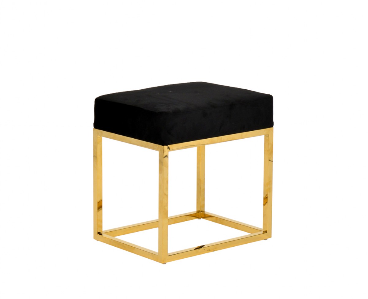 Square Modern Black Velvet Ottoman w/ Gold Stainless Steel