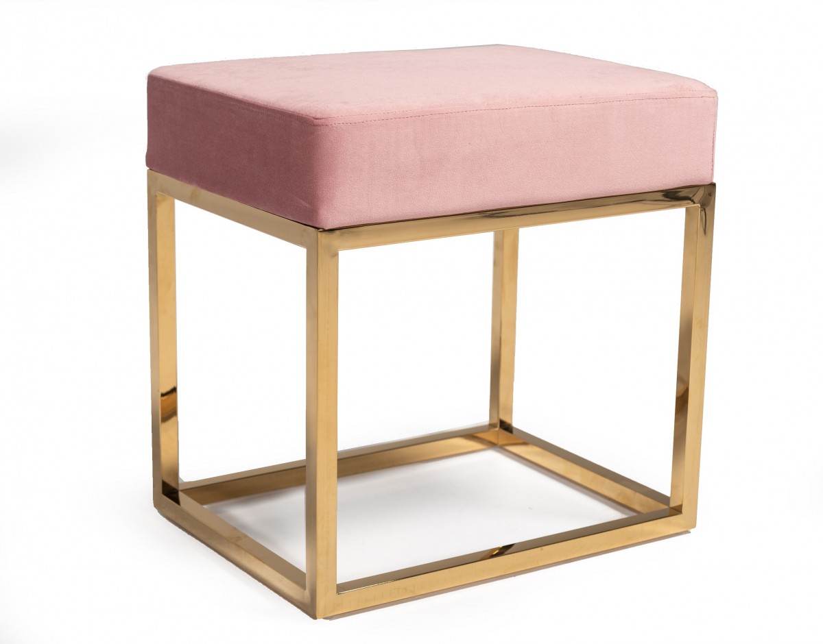 Square Modern Pink Velvet Ottoman w/ Gold Stainless Steel