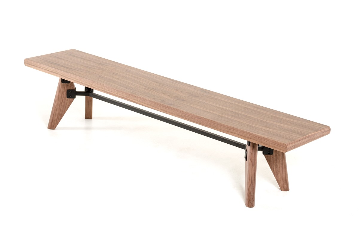 Modern Walnut Finish Dining Bench w/ Silky Black Metal Support Bar