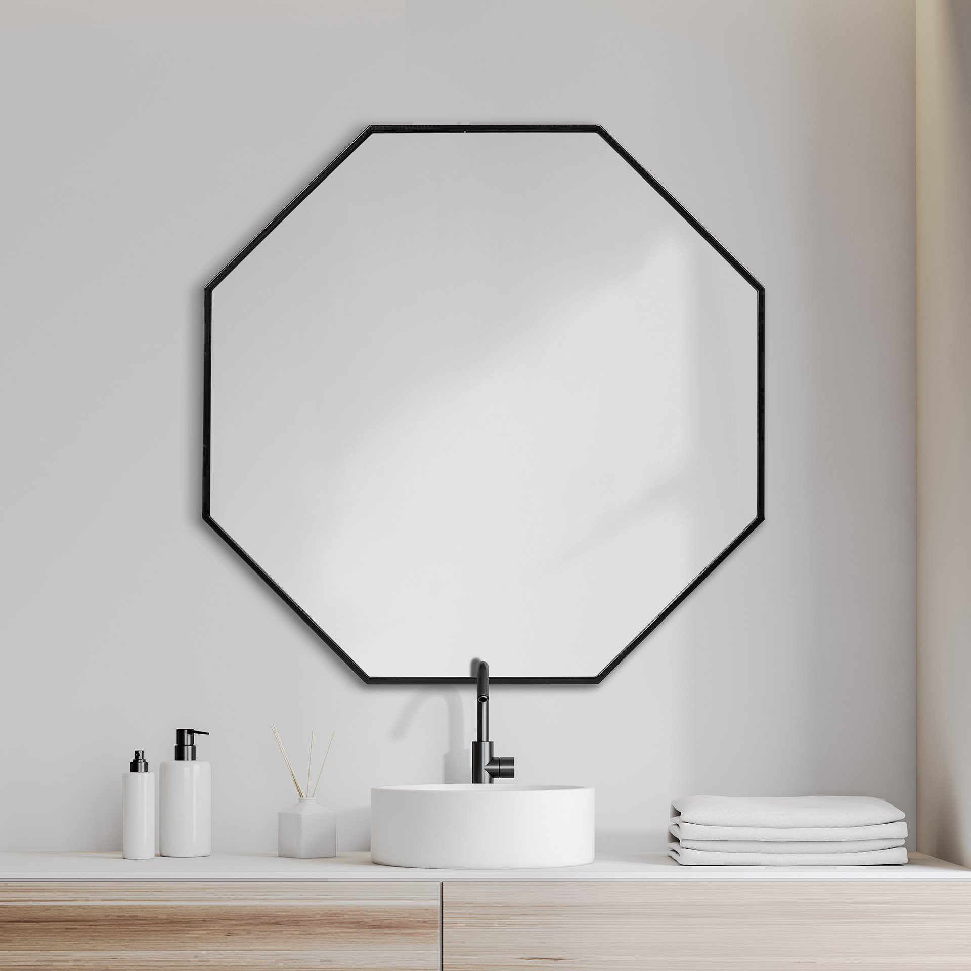 37" Octogon Black Metal Frame Wall Mirror