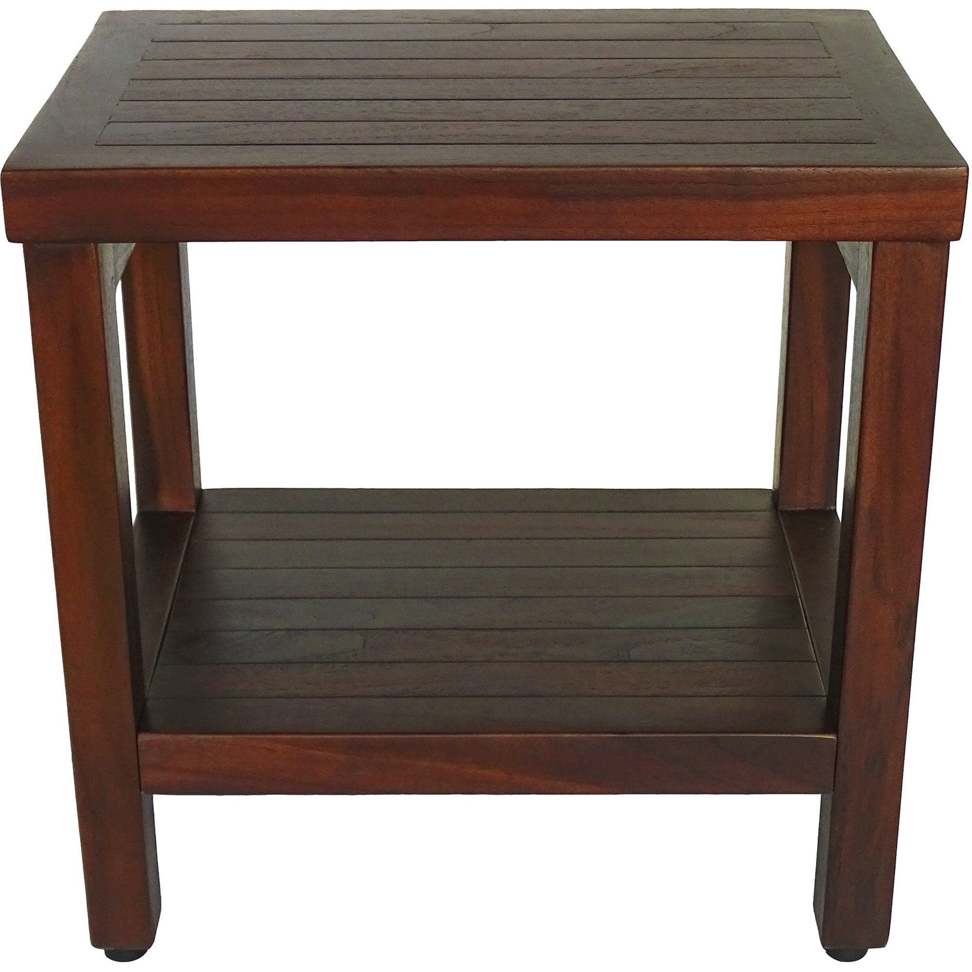 Compact Rectangular Teak Shower or Outdoor Bench with Shelf in Brown Finish