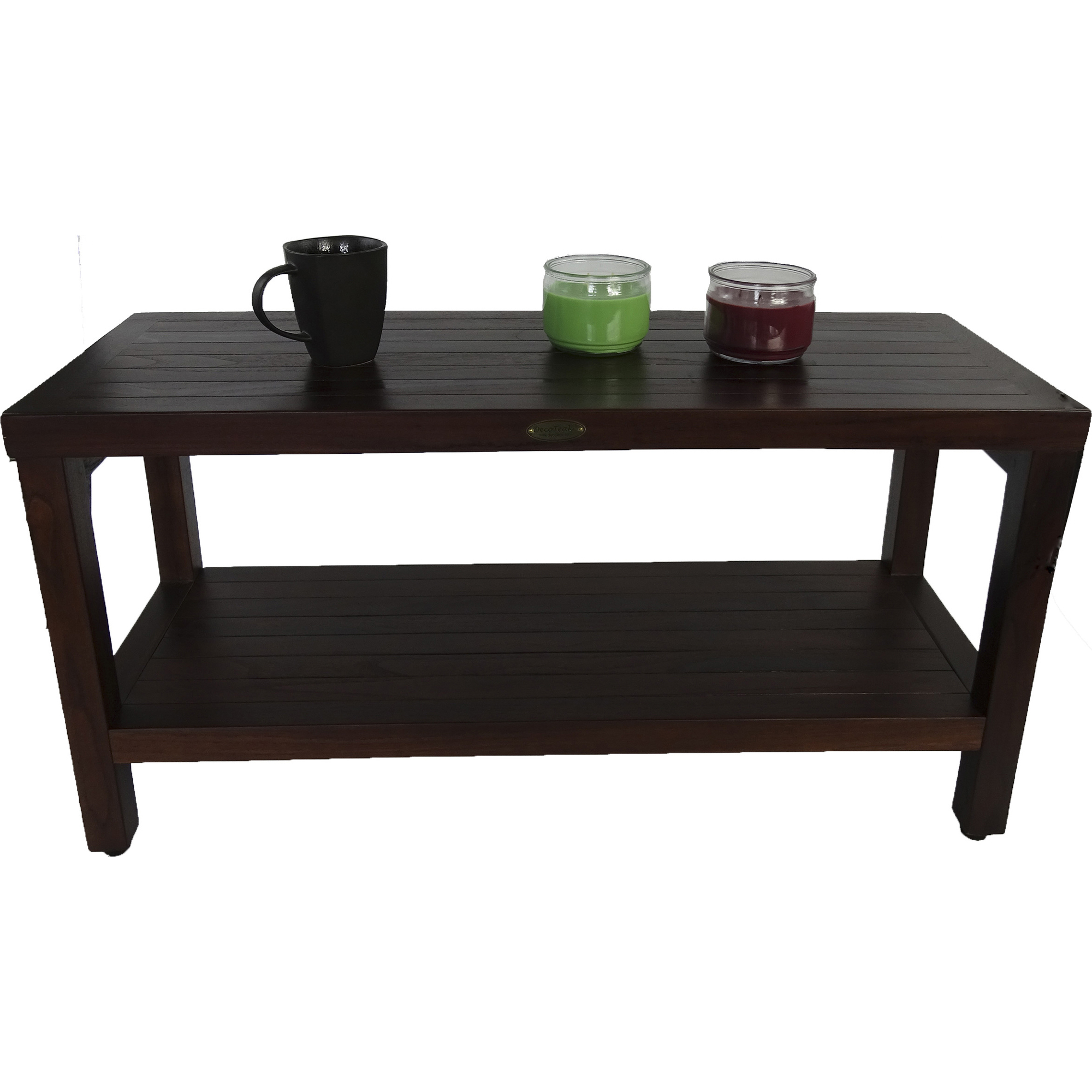 Rectangular Teak Shower Outdoor Bench with Shelf in Brown Finish