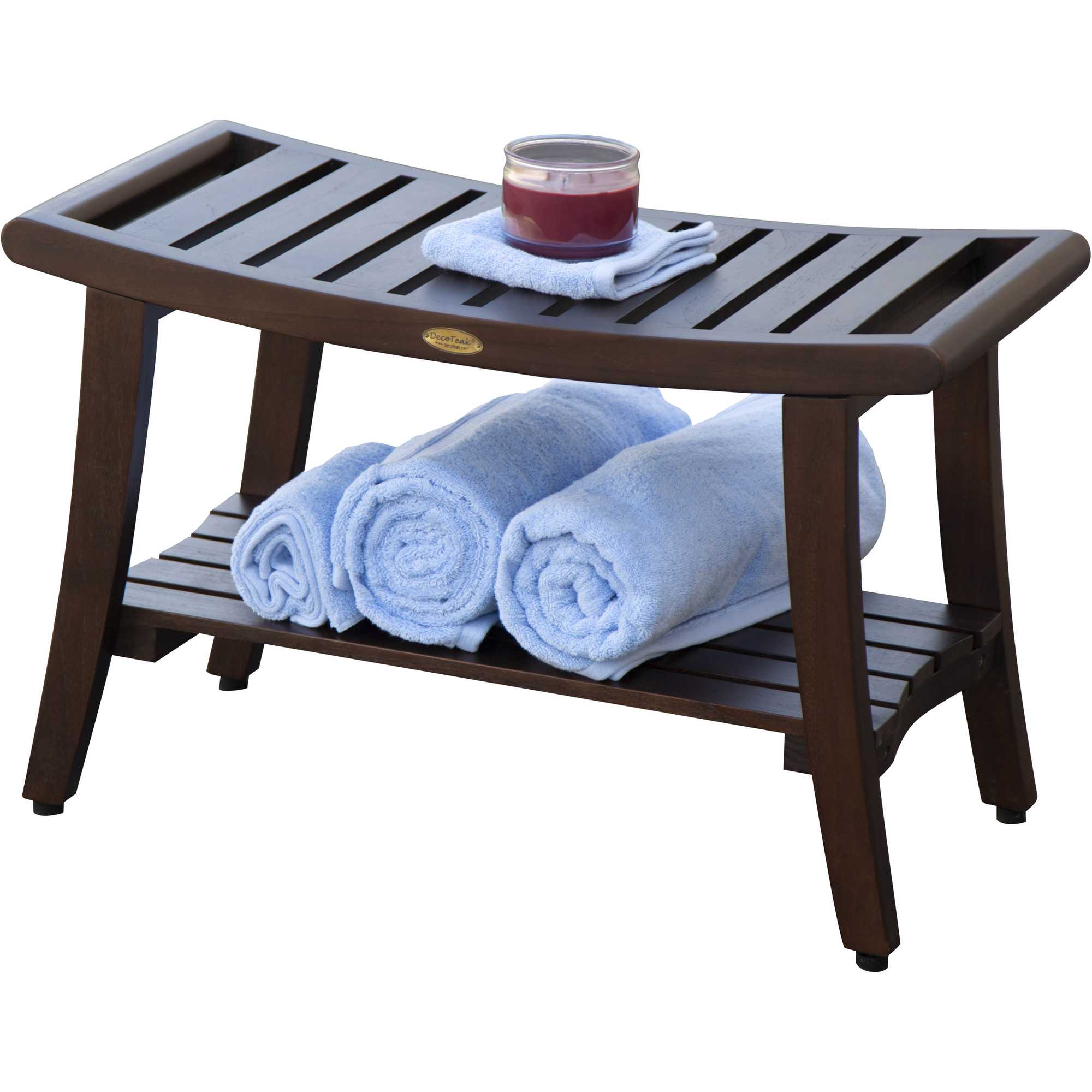 Contemporary Teak Shower Bench with Handles in Brown Finish
