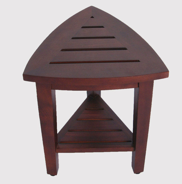 Compact Teak Corner Shower Outdoor Bench with Shelf in Brown Finish