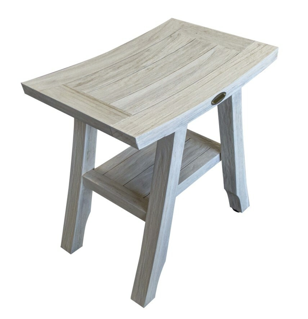 Compact Square Teak Shower Stool with Shelf in White Finish