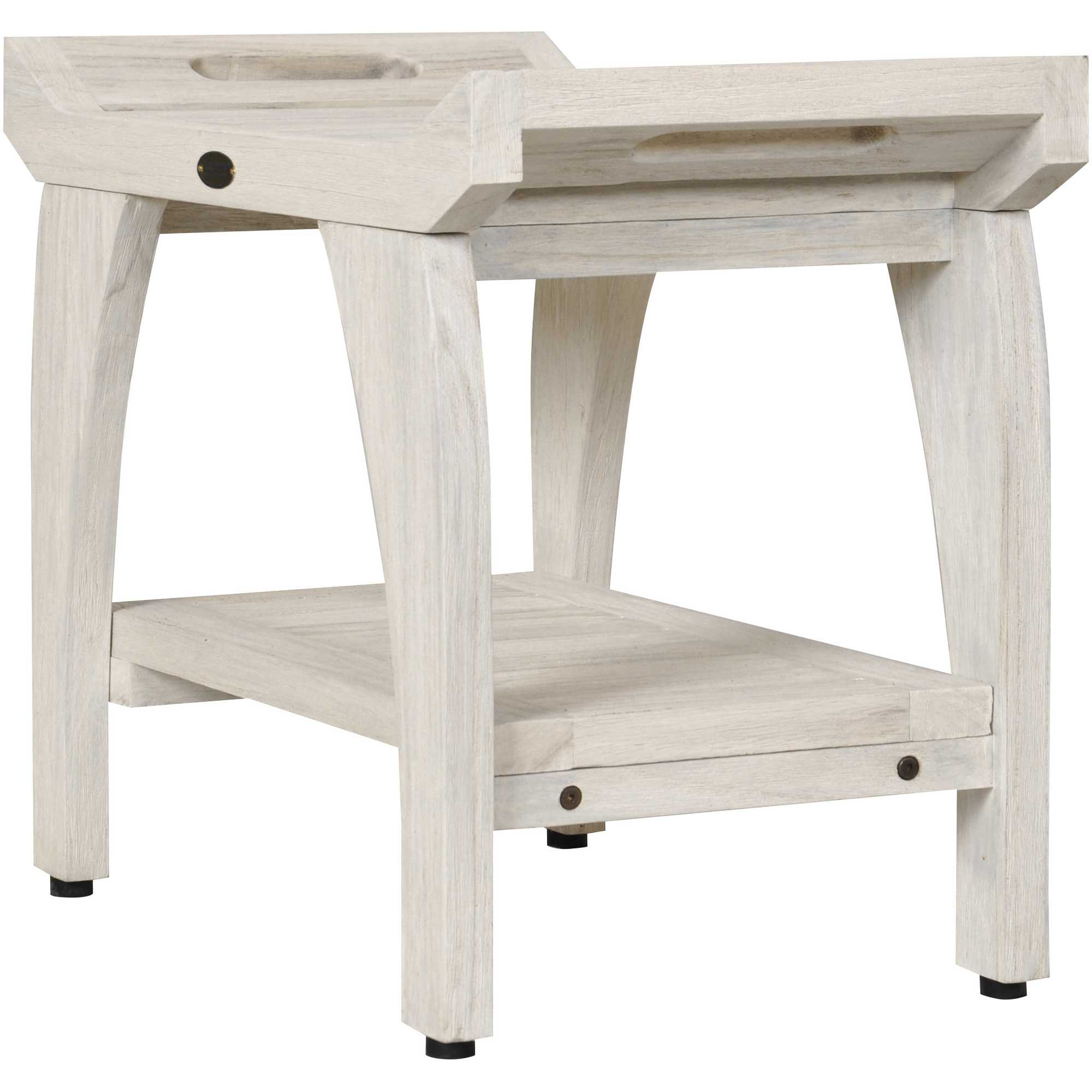 Compact Teak Shower Stool with Shelf and Handles in White Finish