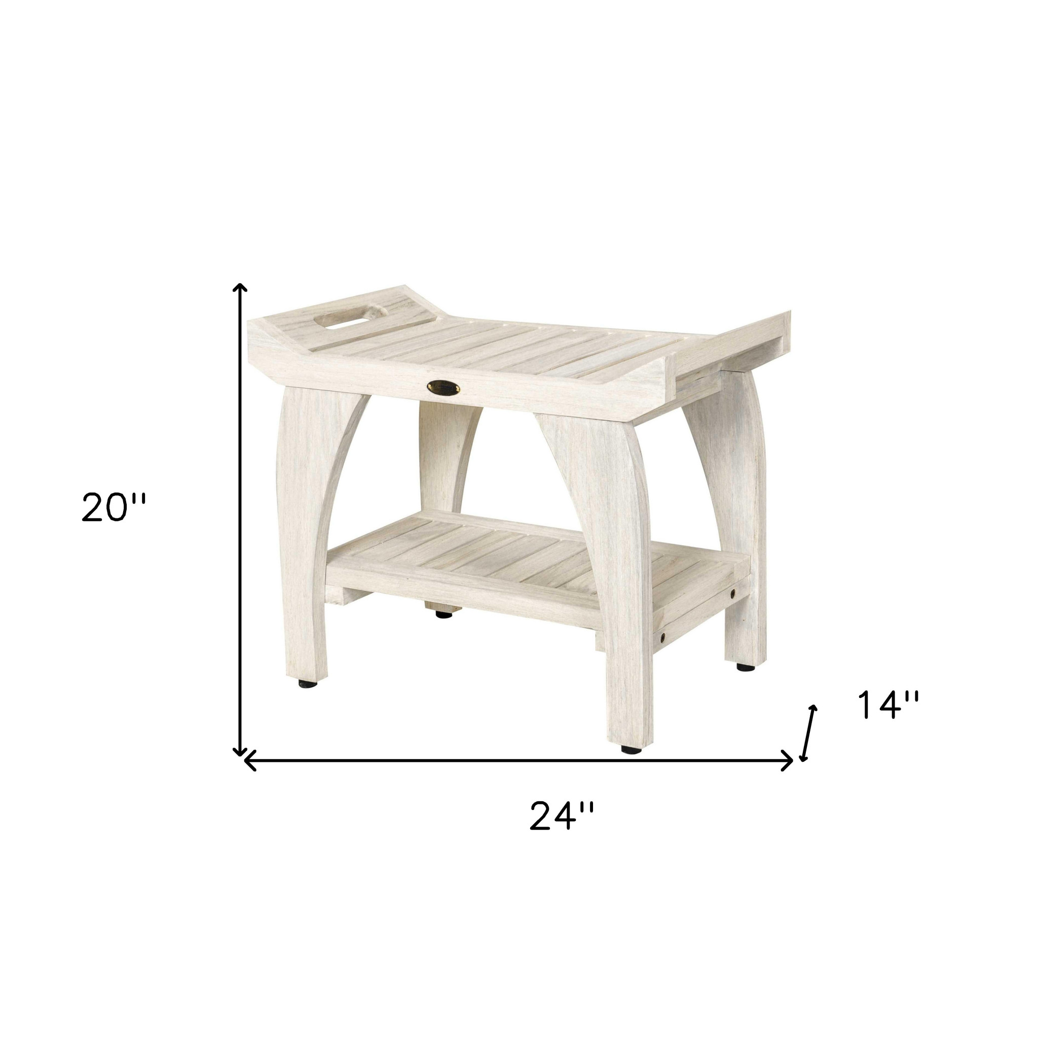 Compact Teak Shower Stool with Shelf and Handles in White Finish