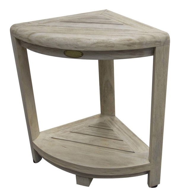 Compact Teak Corner Shower Stool with Shelf in White Finish