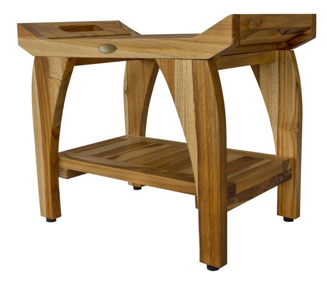 Compact Rectangular Teak Shower Bench with Handles in Natural Finish