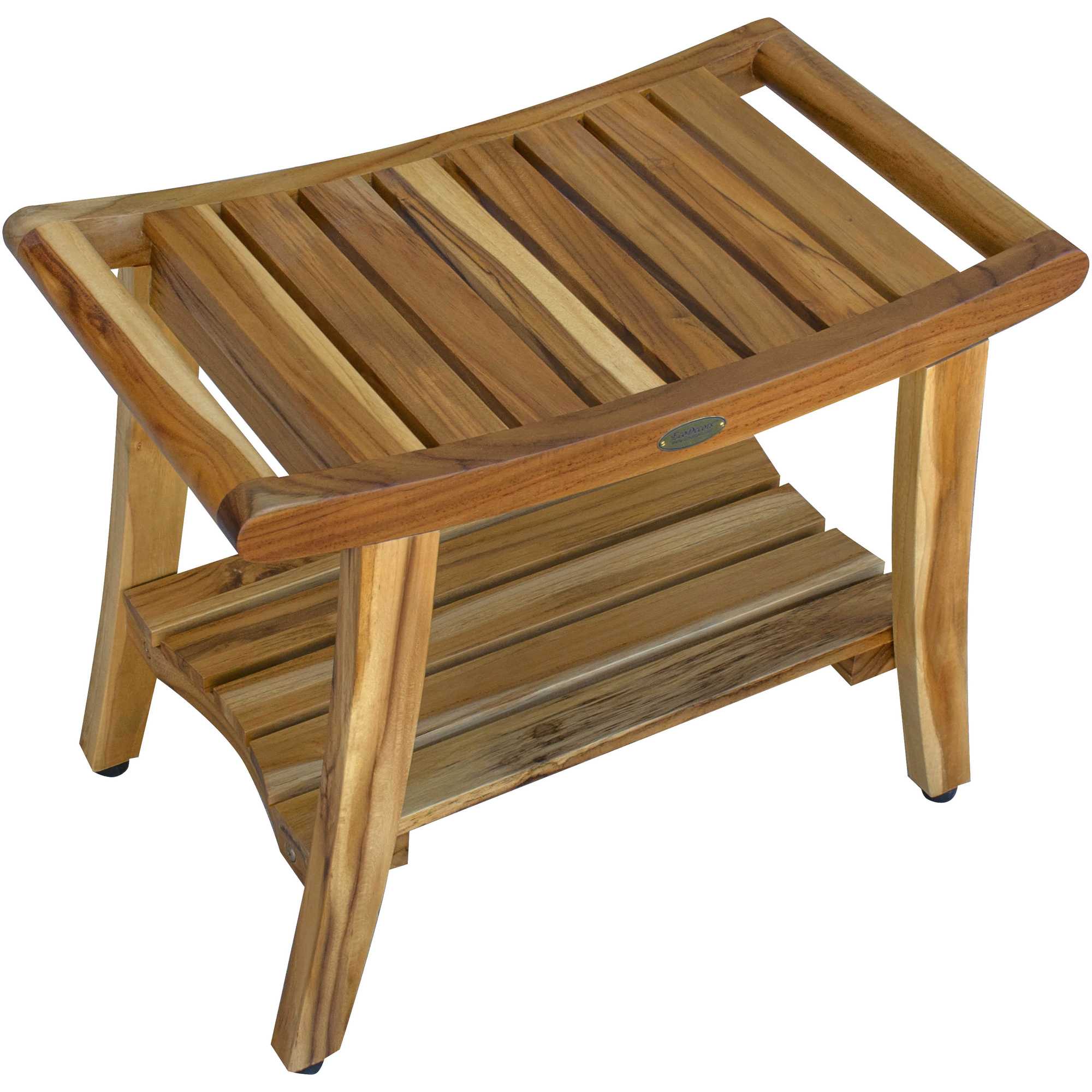 Contemporary Teak Shower Bench with Shelf in Natural Finish