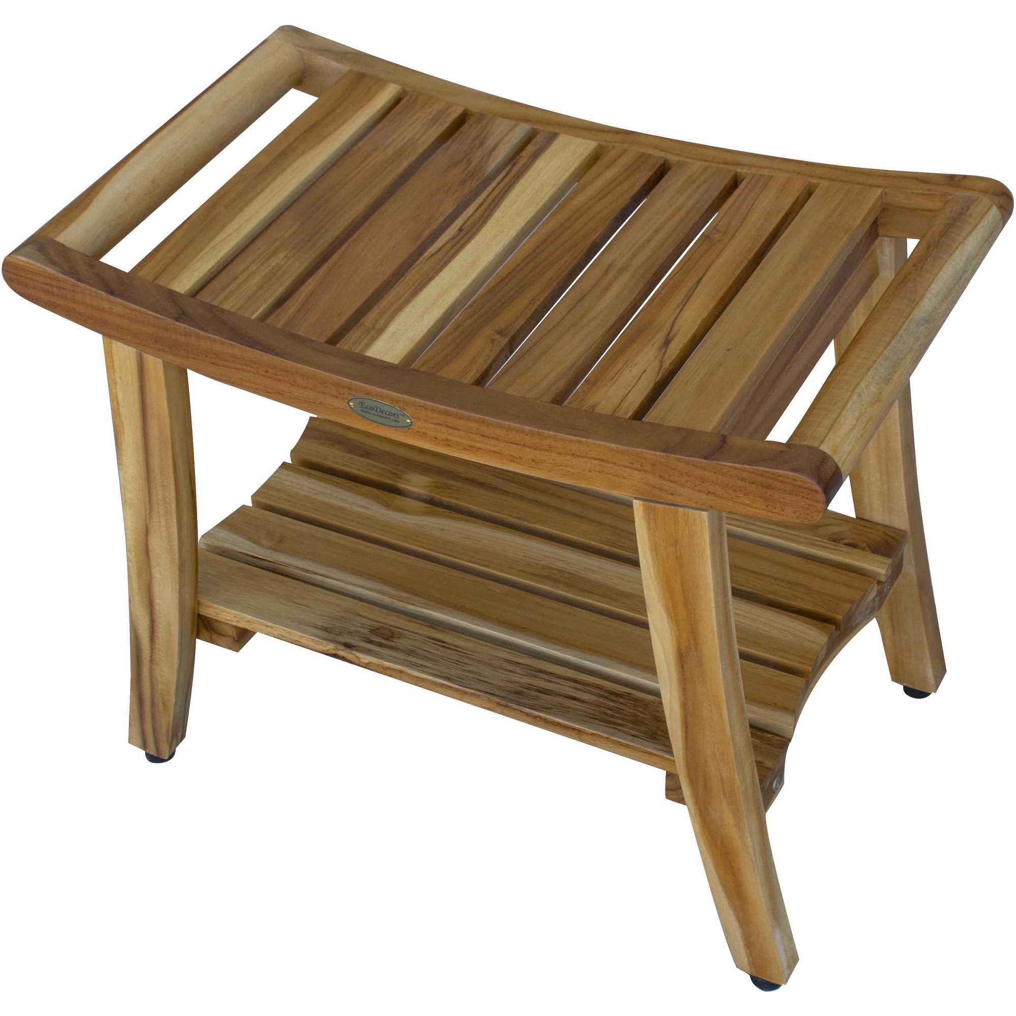 Contemporary Teak Shower Bench with Shelf in Natural Finish