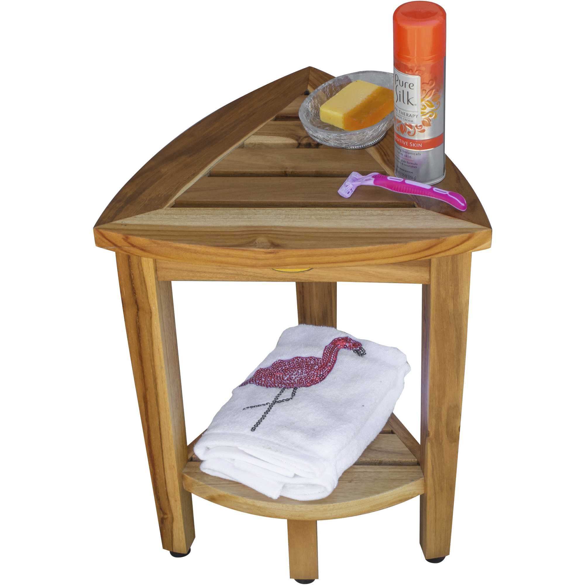 Compact Teak Corner Shower or Outdoor Bench with Shelf in Natural Finish