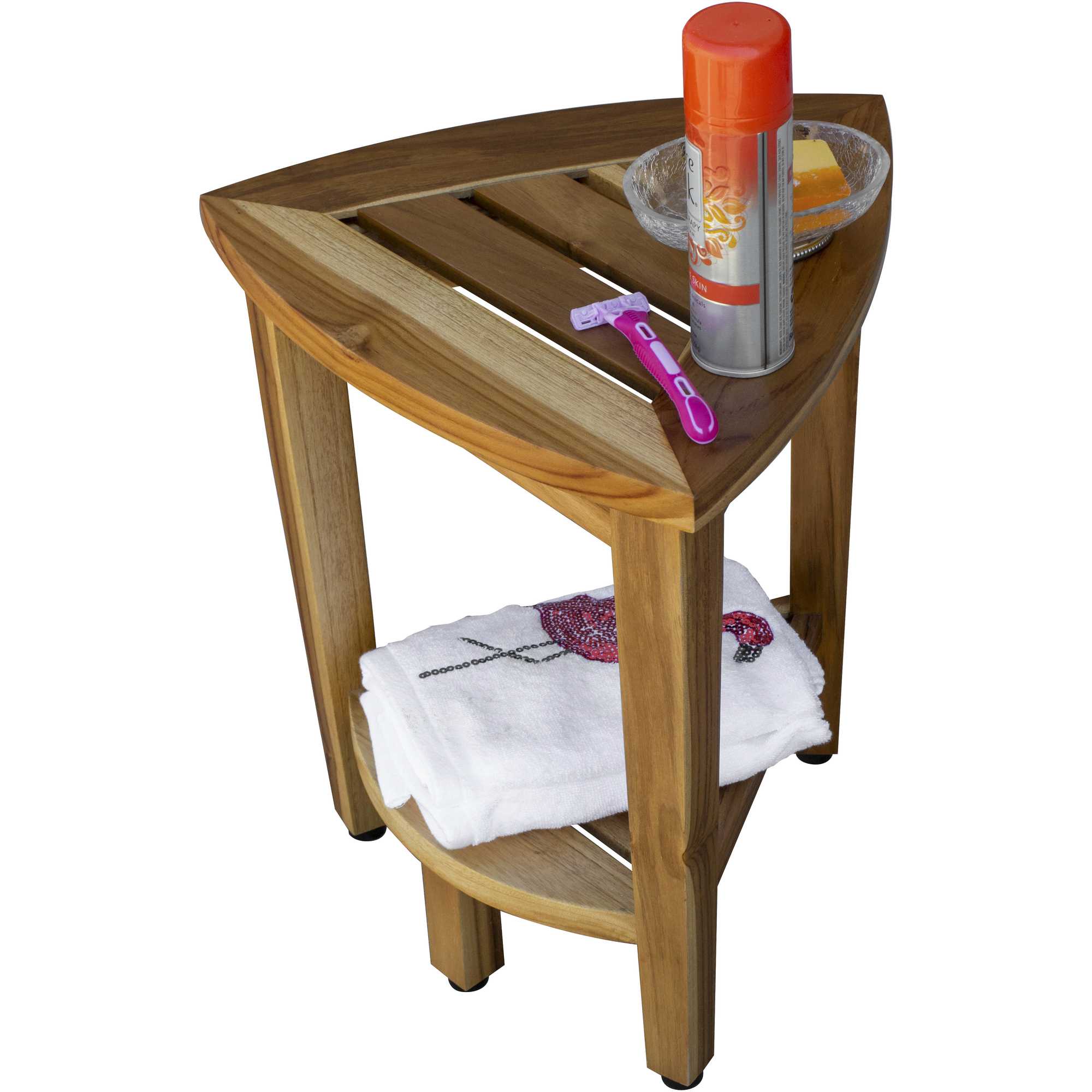 Compact Teak Corner Shower or Outdoor Bench with Shelf in Natural Finish