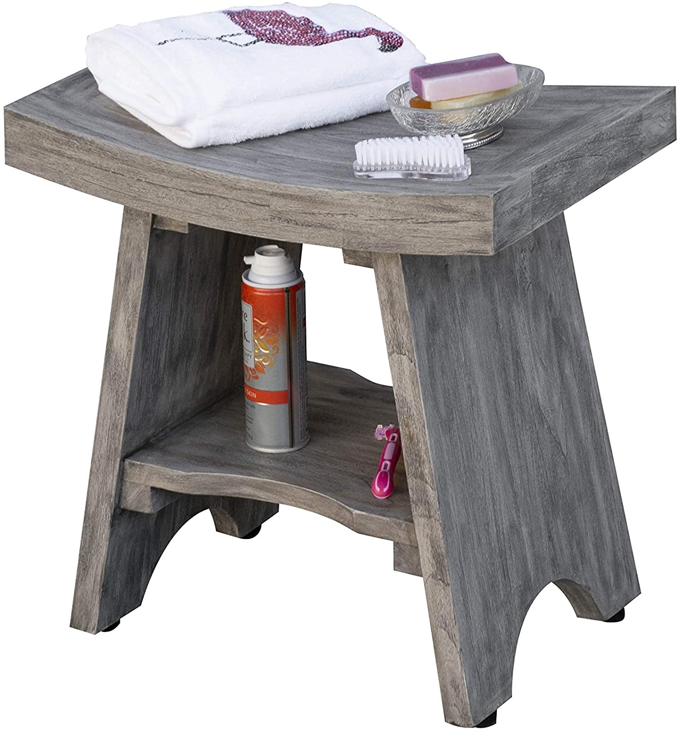 Contemporary Teak Shower or Bench with Shelf in Gray Finish