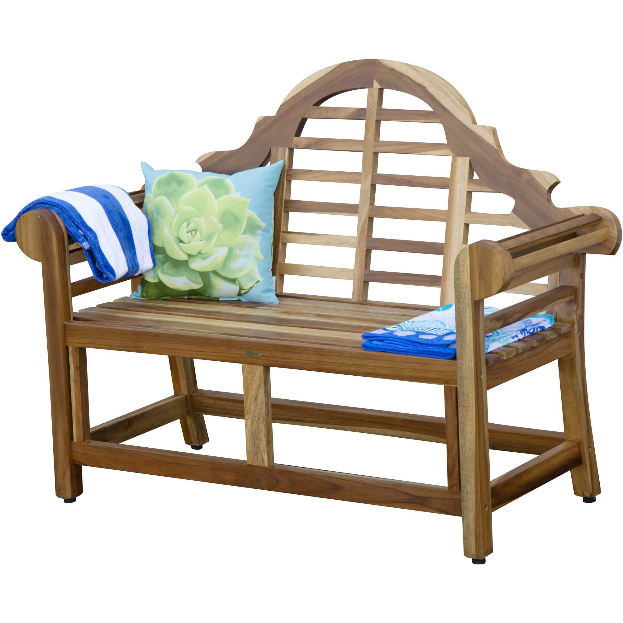 Compact Teak Outdoor Bench w/ Crown Design in Natural Finish