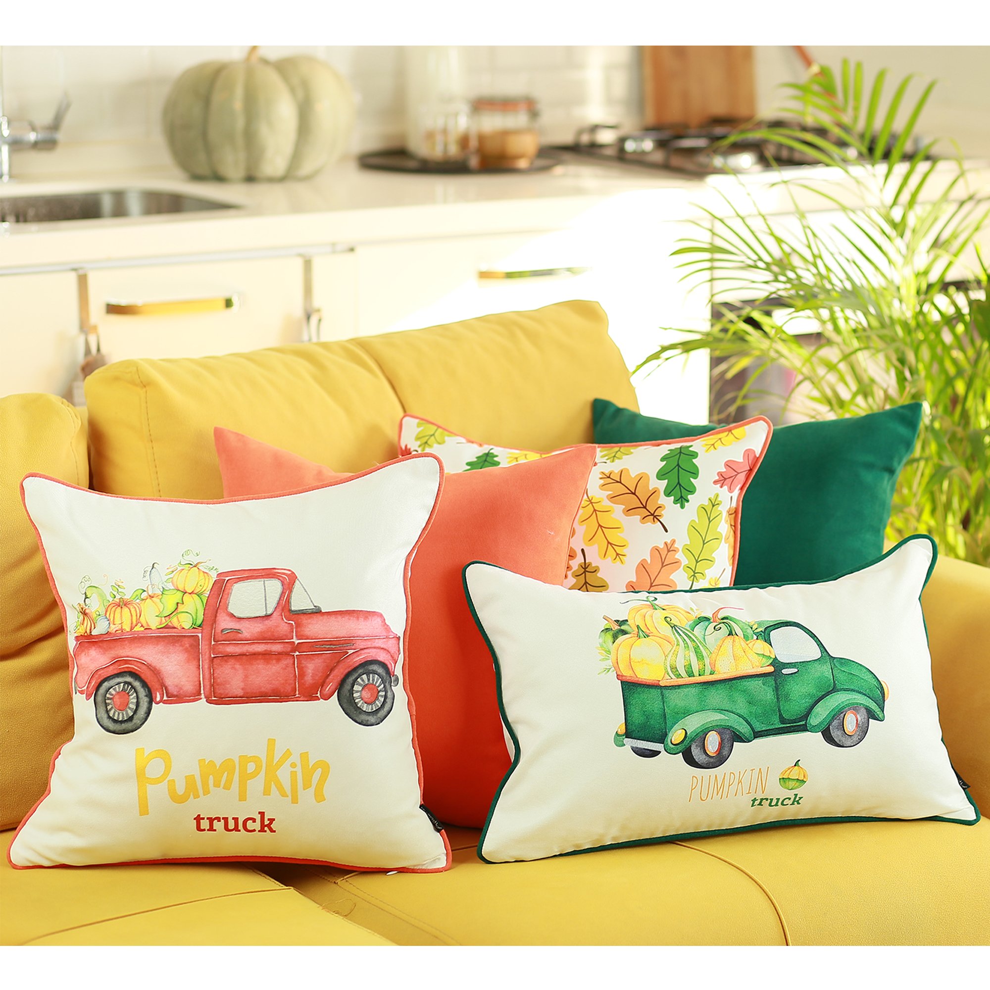 Set of 4 20" Pumpkin Truck Lumbar Pillow Cover in Multicolor