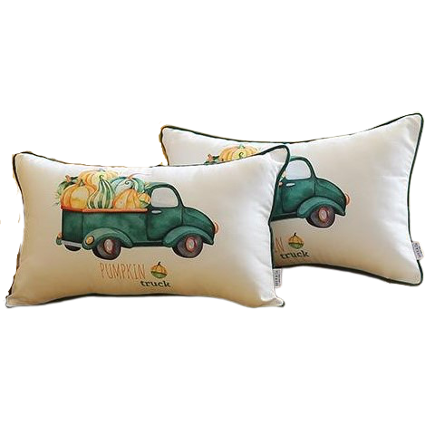 Set of 2 20" Pumpkin Truck Lumbar Pillow Cover in Multicolor