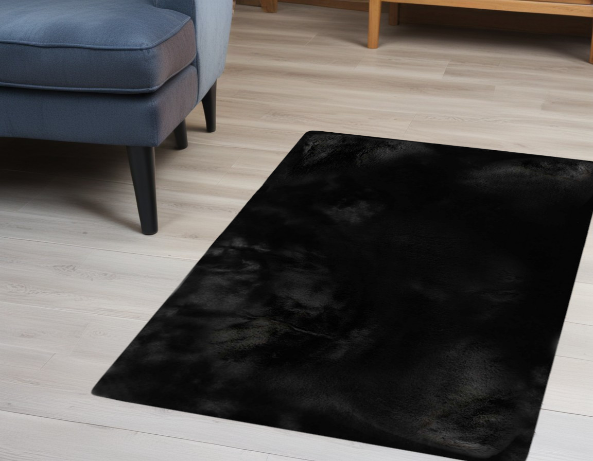 Luxe Faux Rabbit Fur Rectangular Rug 3' X 5'   - Black-376910-1