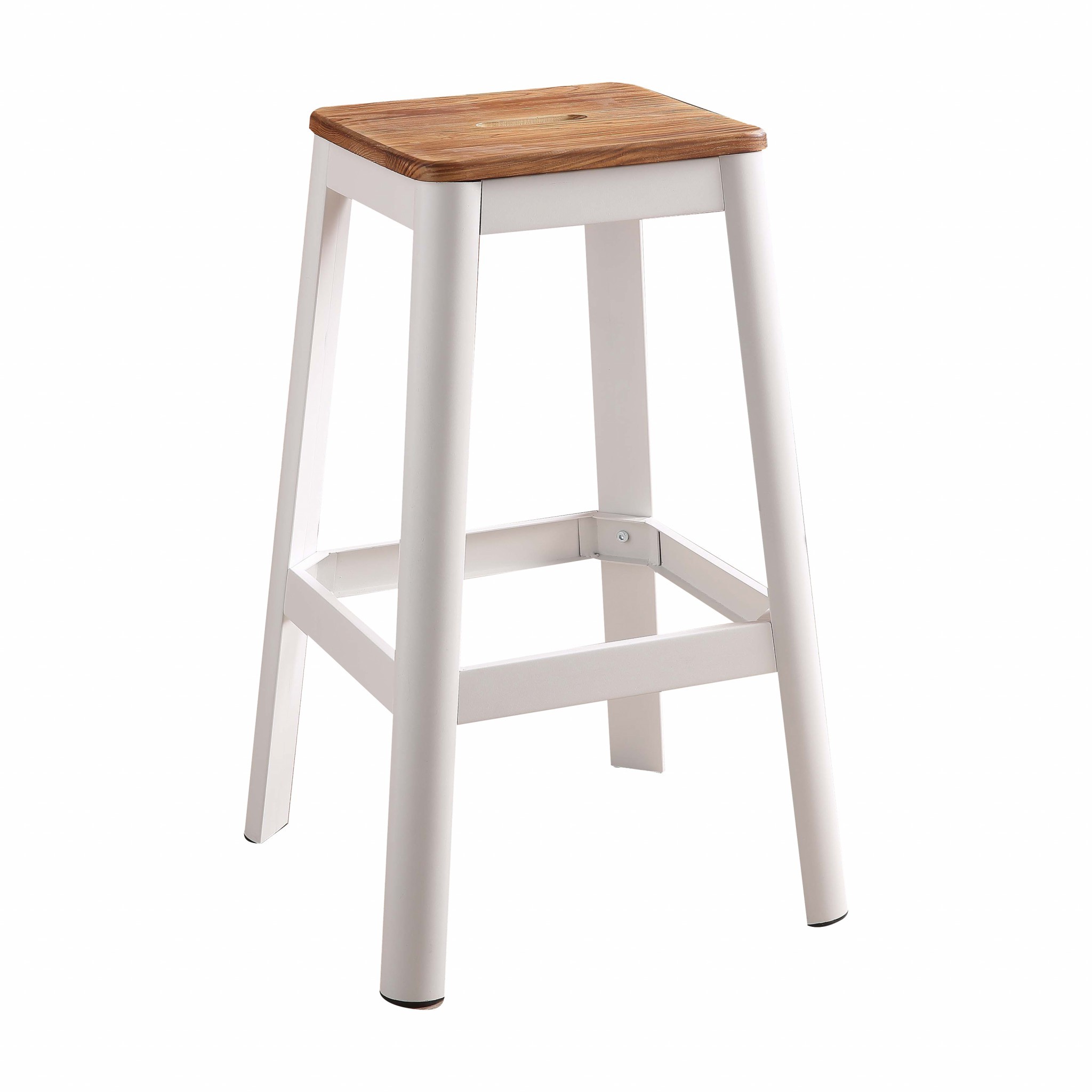 30" White and Natural Metal and Wood Backless Bar Stool