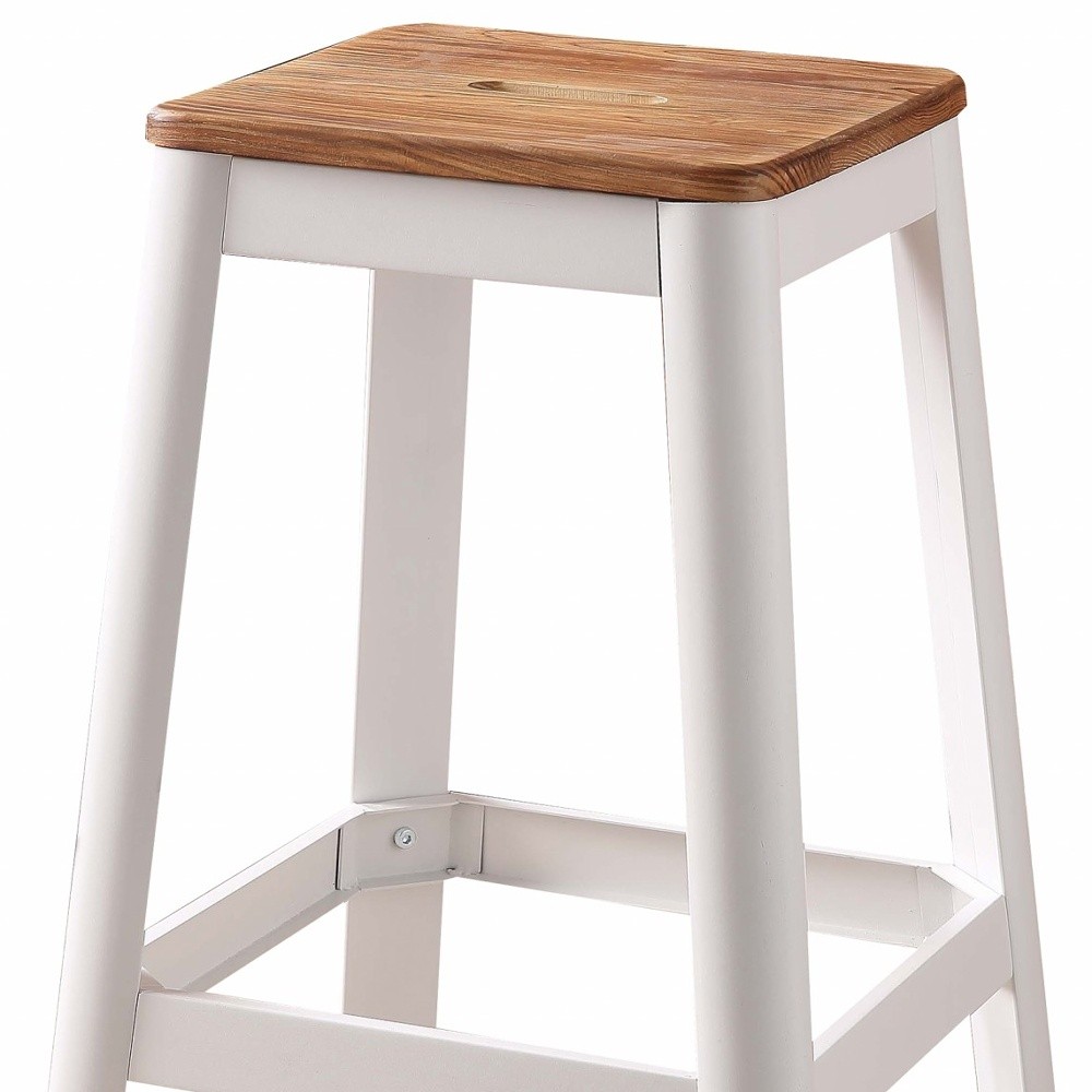30" White and Natural Metal and Wood Backless Bar Stool