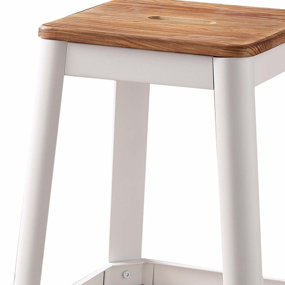 30" White and Natural Metal and Wood Backless Bar Stool